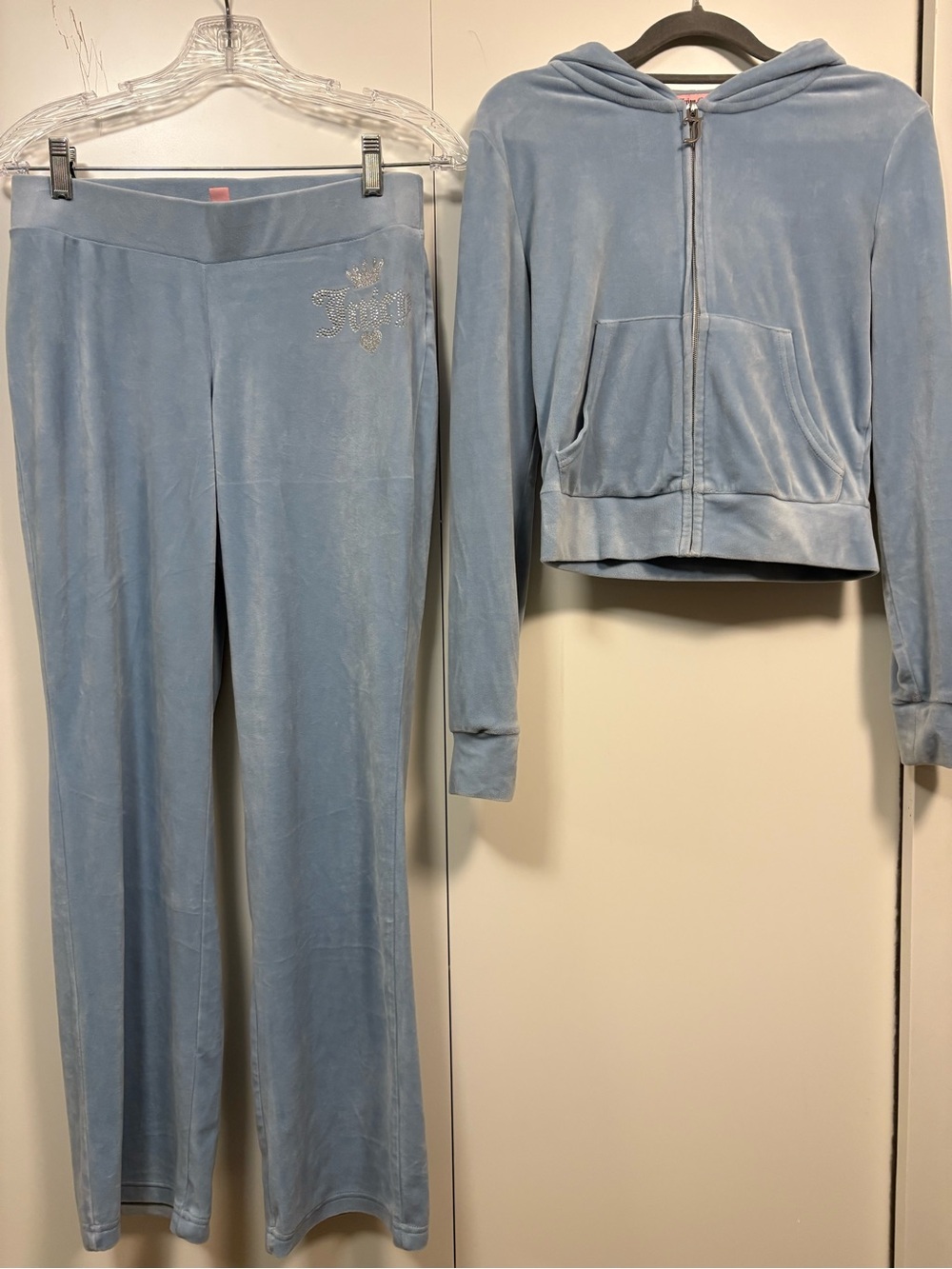 Juicy Couture Velour Hoodie Flare Pants Tracksuit Set Bling Ice Blue S